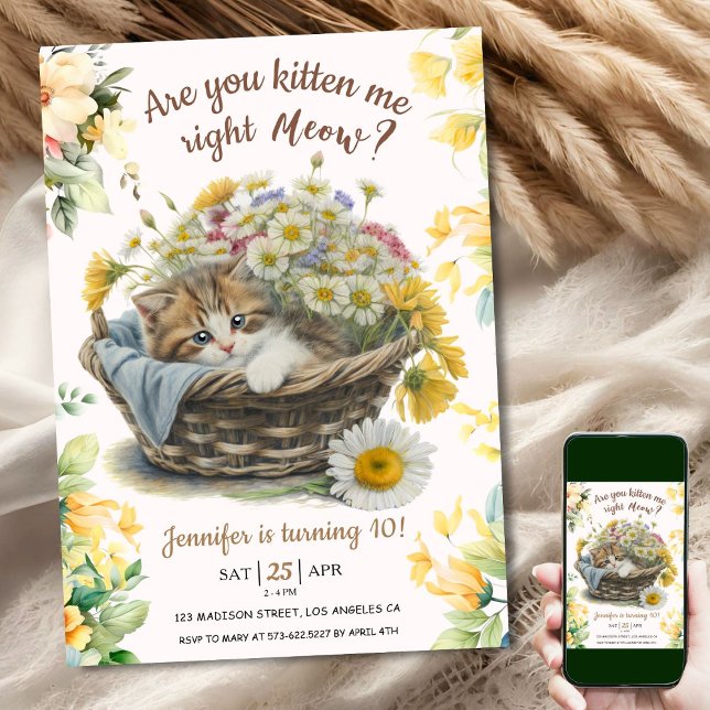 Invitation Salut ! Cute Kitten Floral Kitty Chat 10e annivers (Créateur téléchargé)