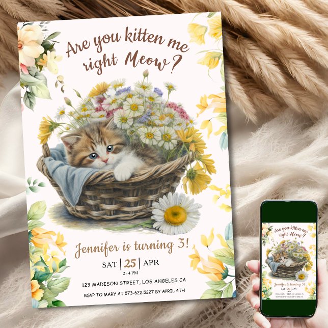 Invitation Salut ! Cute Kitten Floral Kitty Chat 3e anniversa (Créateur téléchargé)