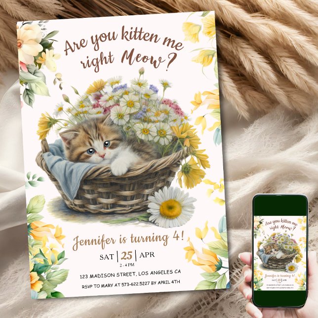 Invitation Salut ! Cute Kitten Floral Kitty Chat 4e anniversa (Créateur téléchargé)