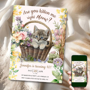 Invitation Salut ! Floral Cute Kitten Girl Cat 10e anniversai