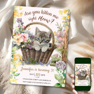 Invitation Salut ! Floral Cute Kitten Girl Chat 3e anniversai