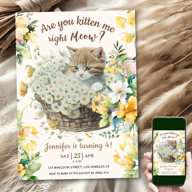 Invitation Salut ! Floral Cute Kitten Girl Chat 4e anniversai (Créateur téléchargé)