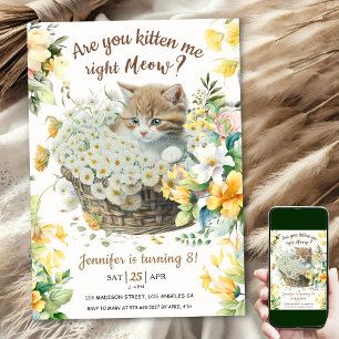 Invitation Salut ! Floral Cute Kitten Girl Chat 8e anniversai