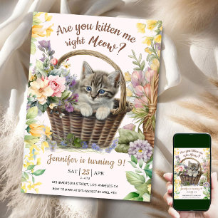 Invitation Salut ! Floral Cute Kitten Girl Chat 9e anniversai
