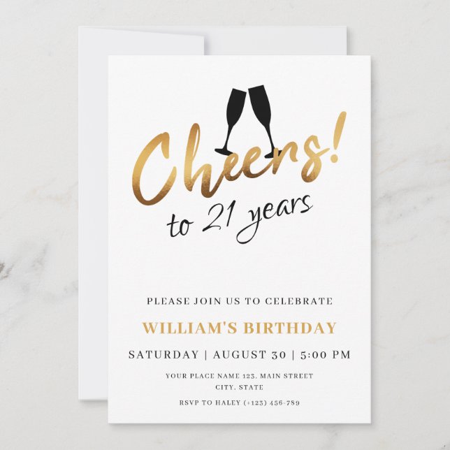 Invitation Salutations à 21 Ans Or Blanc Adulte Photo Anniver (Devant)