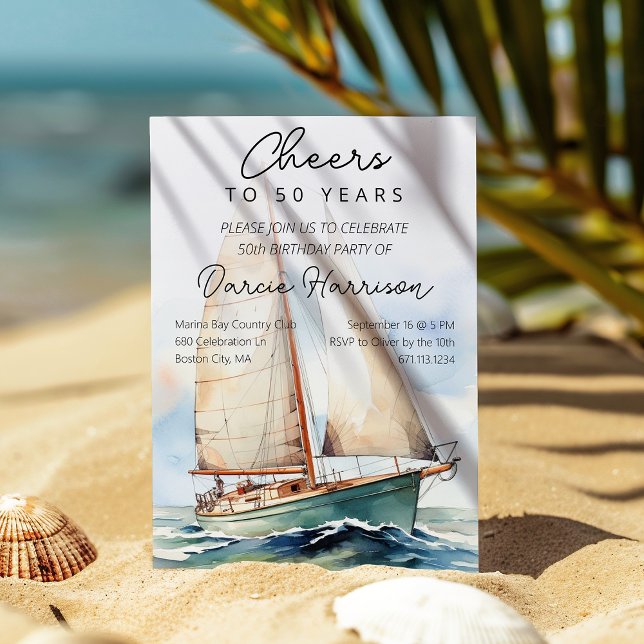 Invitation Salutations à 50 ans de voilier fête d'anniversair (Majestic Sailboat Birthday Party Invitation)