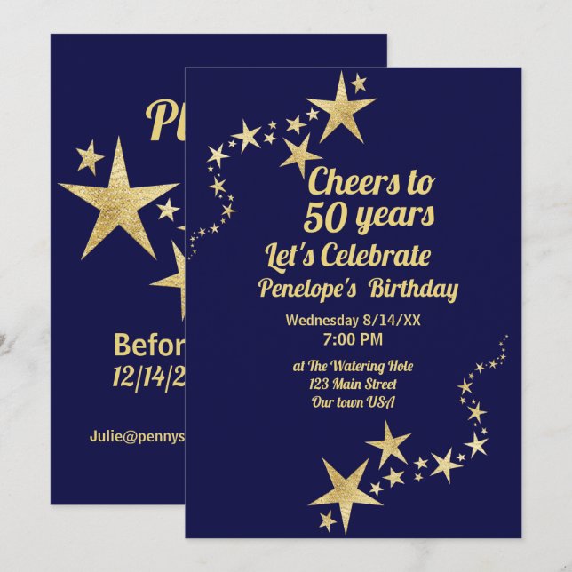 Invitation Salutations à 50 ans Marine et Gold Stars Annivers (Devant / Derrière)
