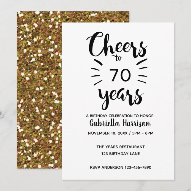 Invitation Salutations à 70 ans - Parties scintillant d'or 70 (Devant / Derrière)