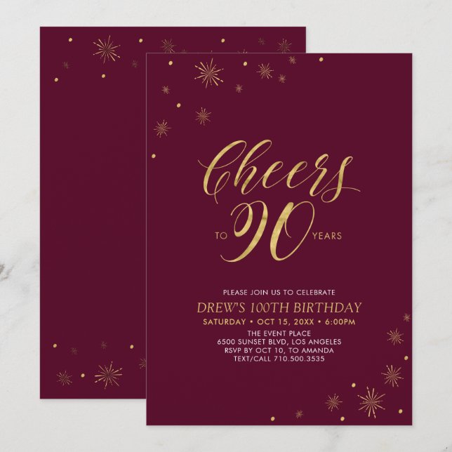 Invitation Salutations à 90 Gold & Burgundy 90th Birthday Par (Devant / Derrière)