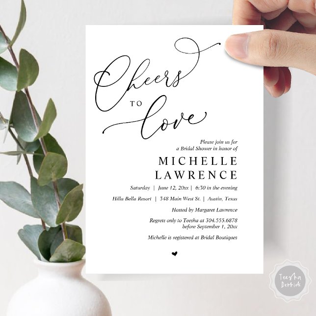 Invitation Salutations d'amour, Fête des mariées romantique (Cheers to love, Romantic Bridal Shower Party Invitation Card, PDF, in Black and White)