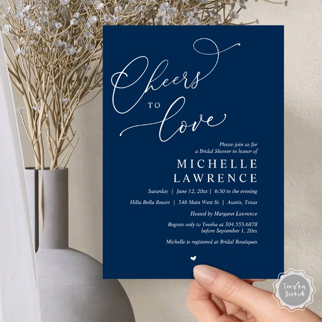 Invitation Salutations d'amour, Fête des mariées romantique (Cheers to love, Romantic Bridal Shower Party Invitation Card, PDF, in Navy Blue)