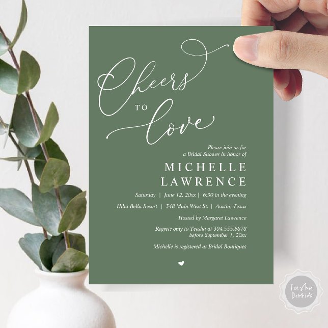 Invitation Salutations d'amour, Fête des mariées romantique (Cheers to love, Romantic Bridal Shower Party Invitation Card, PDF, in Forest Sage Green)