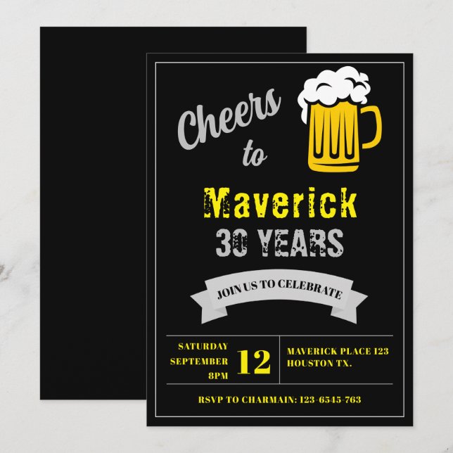 Invitation Salutations et bière 30 ans Anniversaire Noir gris (Devant / Derrière)