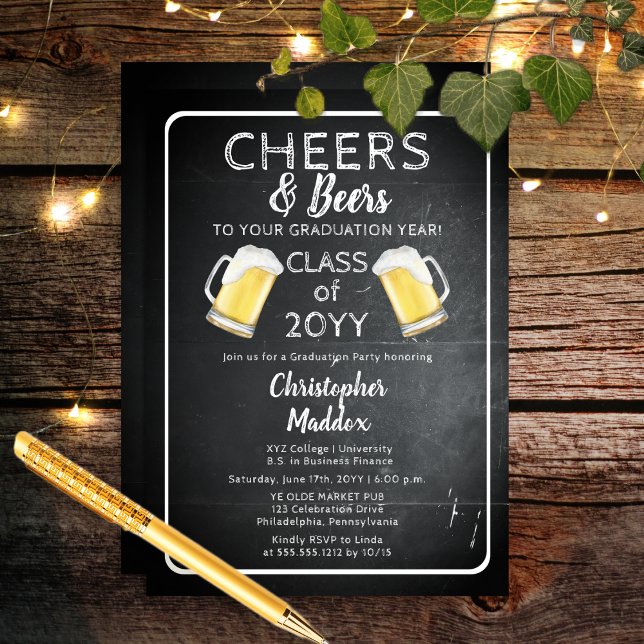Invitation Salutations et bières à votre fête de l'année d'ét (Rustic Cheers and Beers To Your Graduation Year Party Invitation - Print | Download)