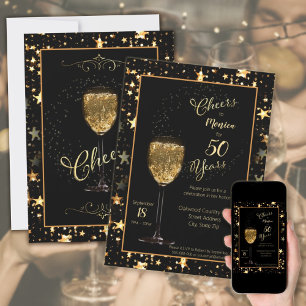 Invitation Salutations pour 50 ans Black & Gold Sparkle Anniv