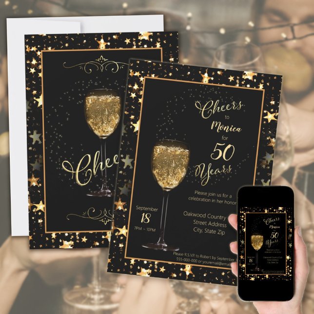 Invitation Salutations pour 50 ans Black & Gold Sparkle Anniv (Cheers for 50 Years Elegant Black & Gold Sparkle Birthday Invitation.
)