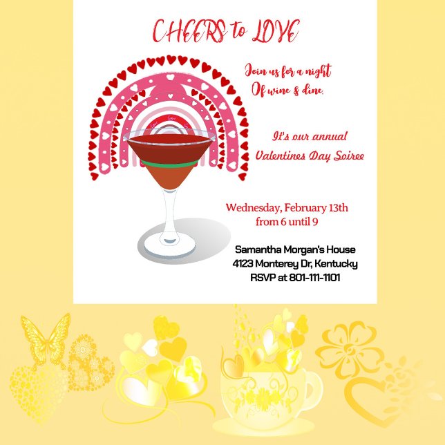 Invitation Salutations pour l'amour Valentine Coeurs Cocktail (Cheers to Love Valentine Hearts Cocktail Party Invitation)