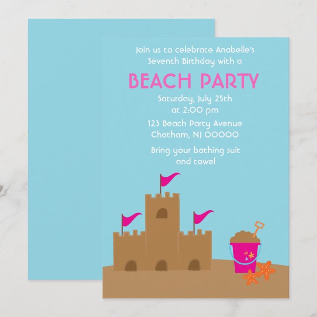 Invitation Sand Castle Beach et fête d'anniversaire d'été (Devant / Derrière)