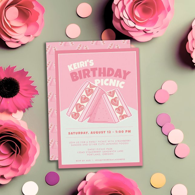 Invitation Sandwich aux fraises roses Anniversaire Pique-niqu (Créateur téléchargé)
