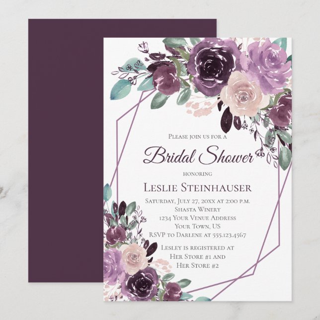 Invitation Sangria Purple Mauve Aquarelle Fête des mariées (Devant / Derrière)