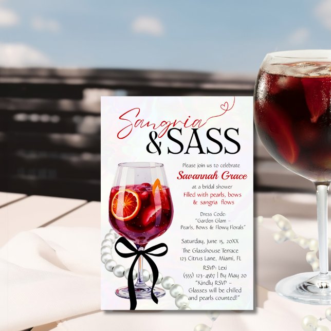 Invitation Sangria & Sass Fête des mariées Perles et arc (Sangria & Sass Bridal Shower Pearls and bow Invitation)