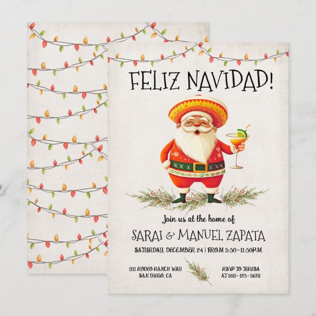 Invitation Santa Claus mexicain hispanique Feliz Navidad (Devant / Derrière)