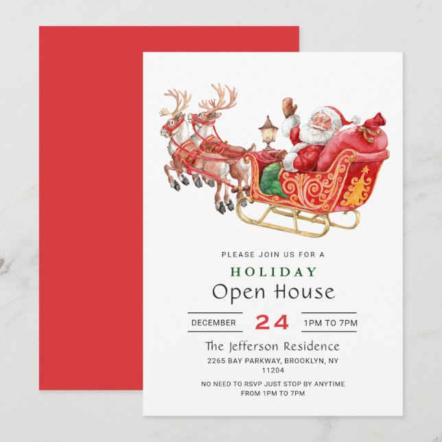 Invitation Santa Claus Sleigh Christmas Holiday Open House (Devant / Derrière)