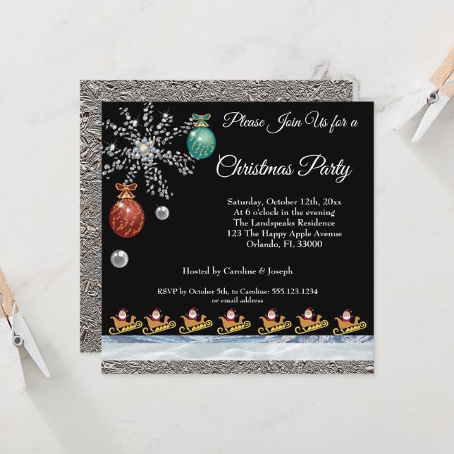 Invitation Santa Claus sur or, argent & glace neige & huile (Devant/Arrière en situation)