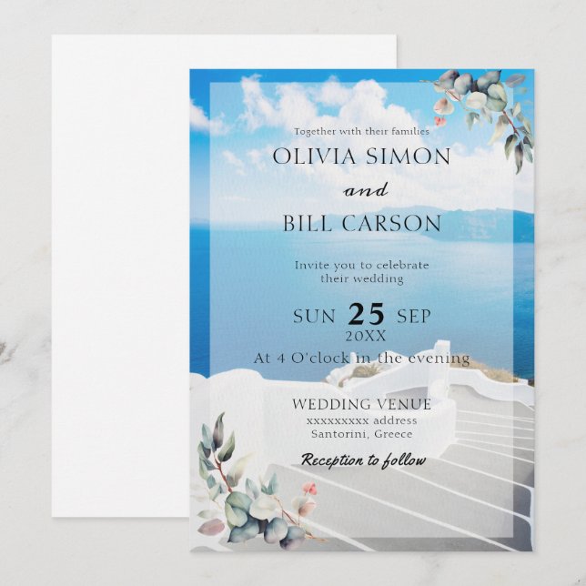 Invitation Santorin, Grèce Destination personnalisable mariag (Devant / Derrière)