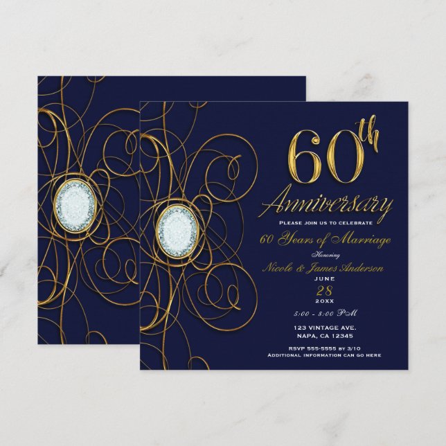 Invitation Saphir Bleu & Diamant Or 60 60e Anniversaire (Devant / Derrière)