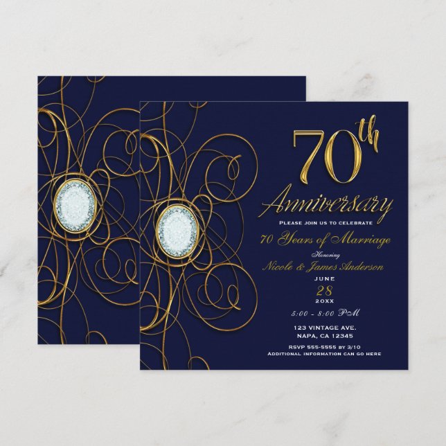 Invitation Saphir Bleu & Diamant Or 70 70e Anniversaire (Devant / Derrière)