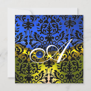 INVITATION SAPHIR BLEU JAUNE DAMAS NOIR MONOGRAMME