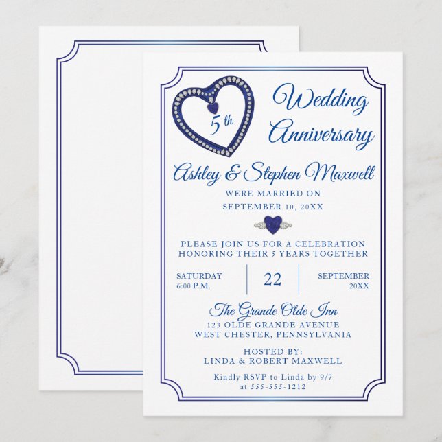 Invitation Saphirs Diamants 5e fête d'anniversaire de mariage (Devant / Derrière)