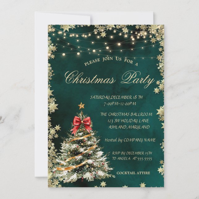 Invitation Sapin de Noël, Étoiles Société de Noël Verte  (Devant)