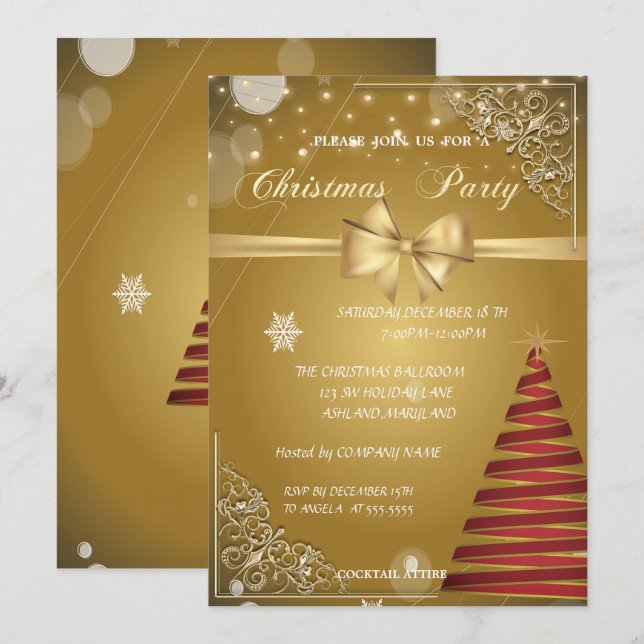 Invitation Sapin de Noël, Nœud Doré, Fête de Noël d'Entrepris (Devant / Derrière)