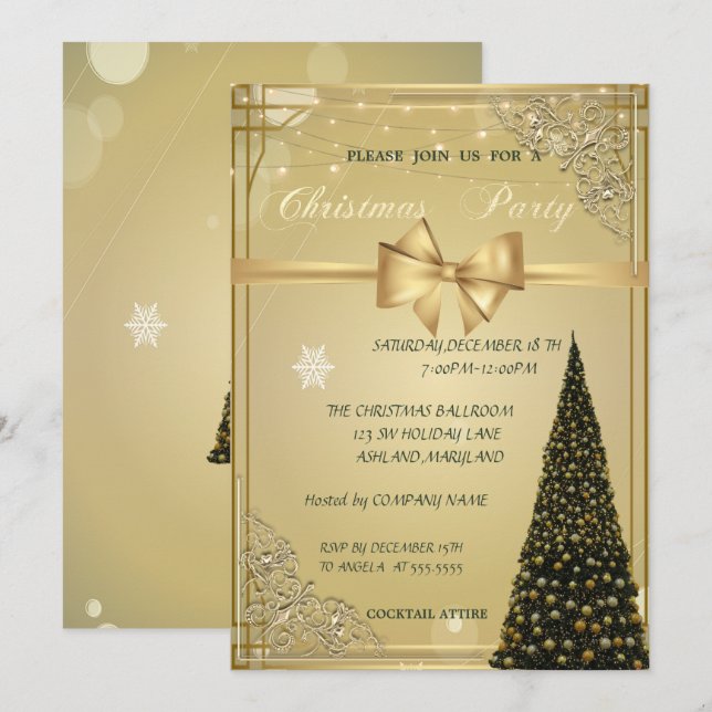 Invitation Sapin de Noël, Nœud Doré, Réveillon d'entreprise (Devant / Derrière)