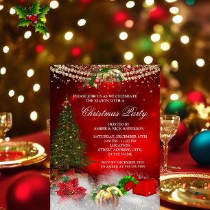 Invitation Sapin de Noël Rouge Or fête de Noël festive