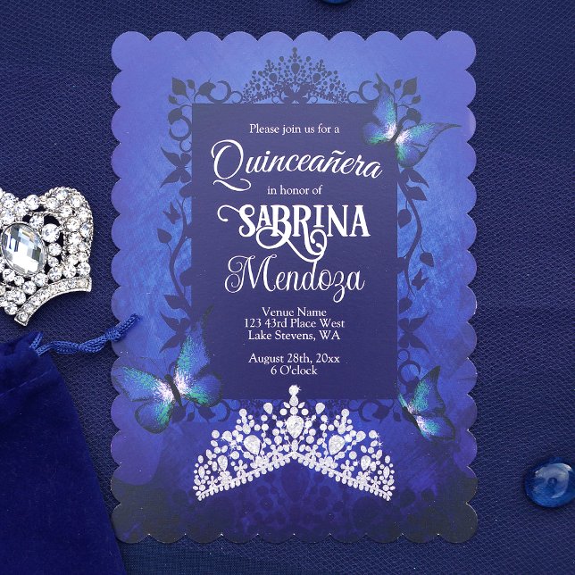 Invitation Sapphire Bleu, Diamant Tiara Papillon Quinceanera (Elegant Royal Blue and Silver Quinceanera Invitation with Diamond Tiara)