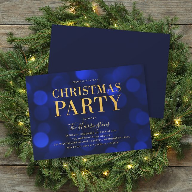 Invitation Sapphire Blue Bokeh Lights Gold Christmas Party (Créateur téléchargé)