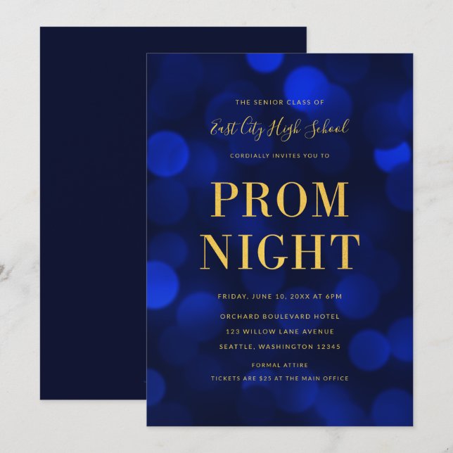 Invitation Sapphire Blue Bokeh Lights Gold High School Prom (Devant / Derrière)