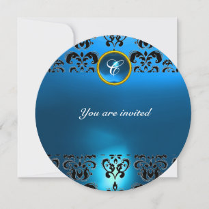 Invitation SAPPHIRE DAMASK GEM PIERRE MONOGRAMME noir bleu