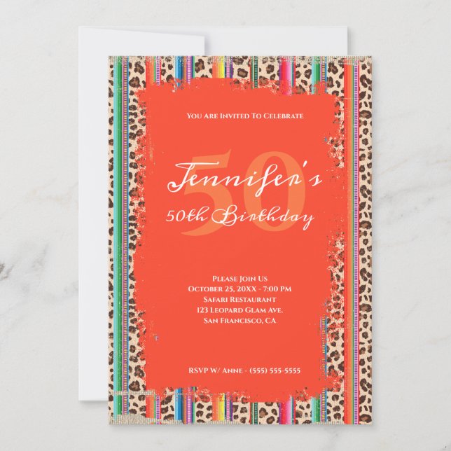 Invitation Sarape Leopard Grunge Safari Orange 50e anniversai (Devant)