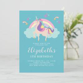 Invitation Sarcelle | Cute Rainbow Unicorn Personnalisé Anniv