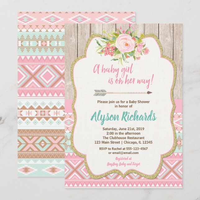 Invitation Sarcelle d'hiver rose d'or de baby shower (Devant / Derrière)