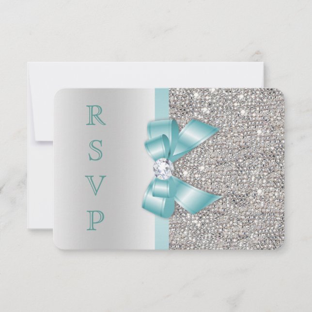 Invitation Sarcelle Faux Arc Argent Paillettes Diamant RSVP (Devant)