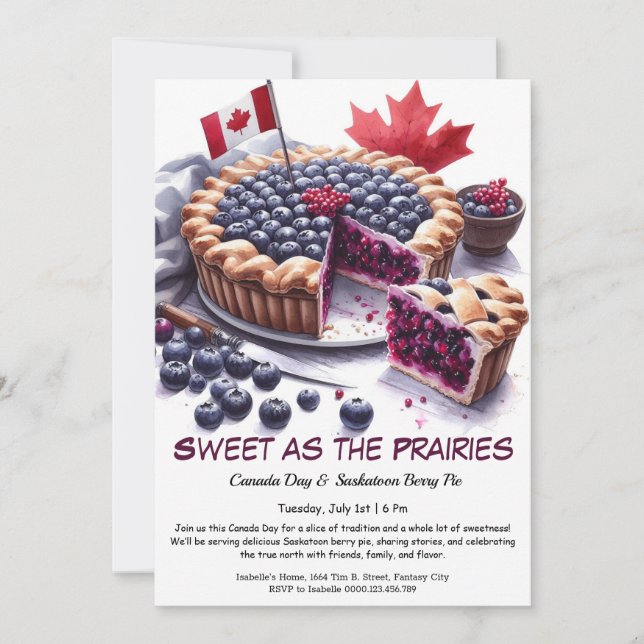 Invitation Saskatoon Berry Pie Aquarelle Design Fête du Canad (Devant)
