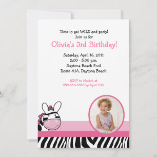 Invitation SASSY ZEBRA STRIPE DIVA *PHOTO* Anniversaire 5x7