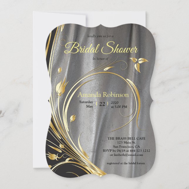 Invitation Satin argenté et Fête des mariées de fleur or (Devant)