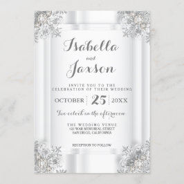 Invitation Satin blanc élégant et ornement blanc argenté