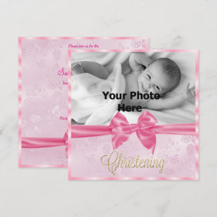 Invitation Satin Bow Photo Christening Girl's